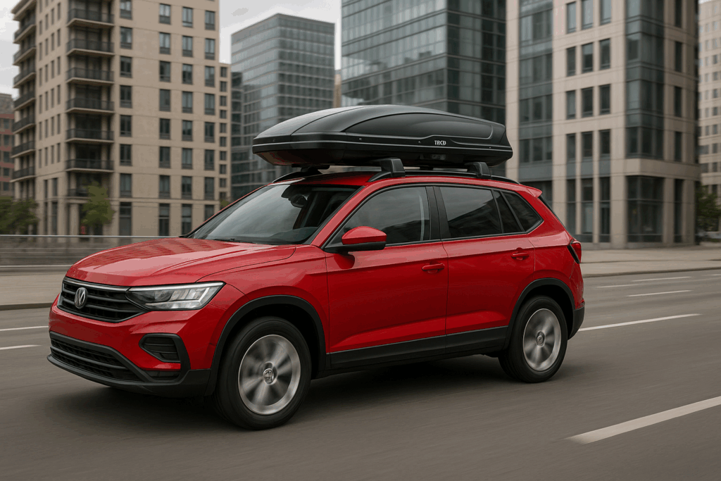 Crveni SUV sa Thule krovnim koferom vozi kroz Beograd