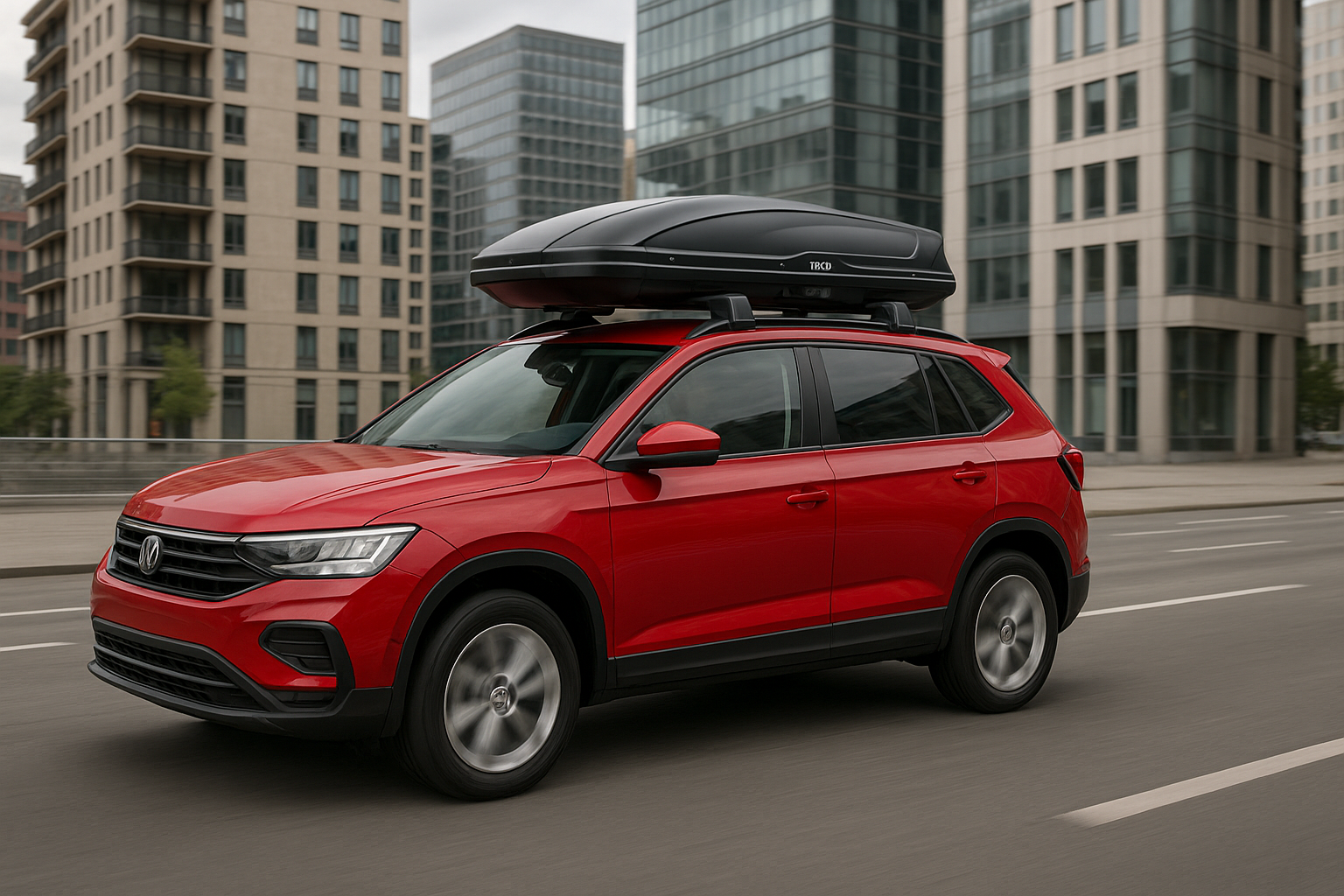 Crveni SUV sa Thule krovnim koferom vozi kroz Beograd