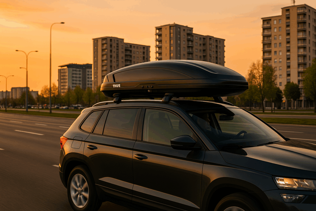 Krovni kofer Thule na automobilu u Beogradu tokom putovanja