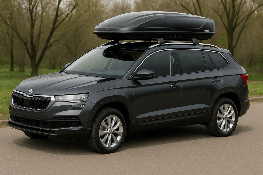 SUV sa Thule krovnim koferom iznajmljenim u Beogradu, spreman za putovanje