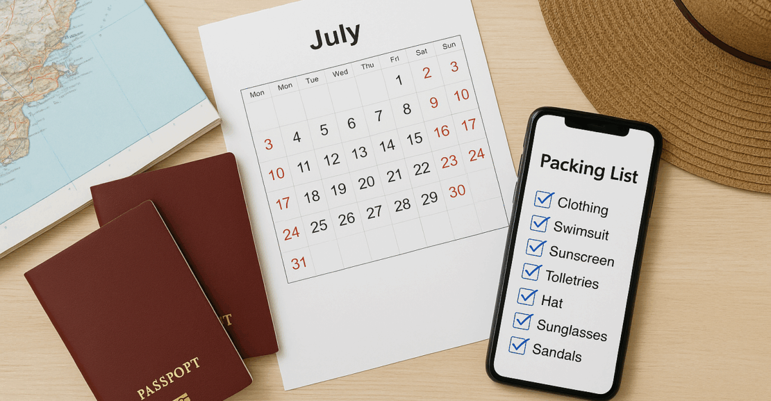 Priprema za letovanje – putni koferi, pasoši i putna mapa na stolu