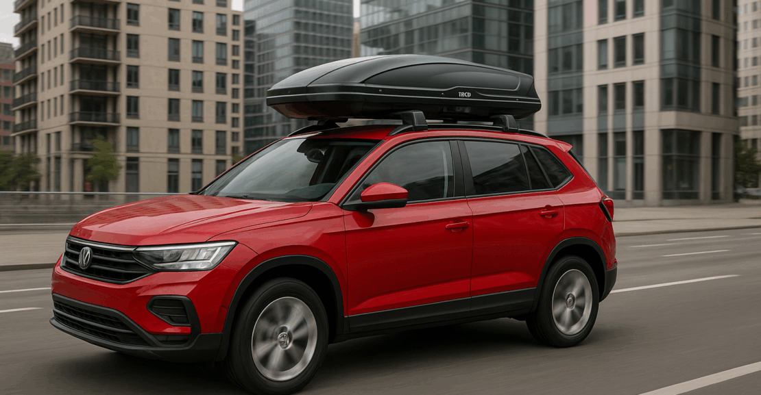 Crveni SUV sa Thule krovnim koferom vozi kroz Beograd