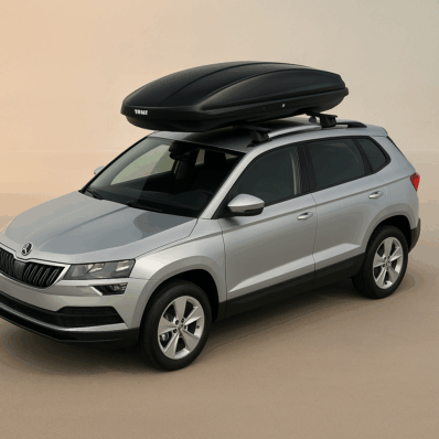 Srebrni SUV sa Thule krovnim koferom u Beogradu spreman za putovanje