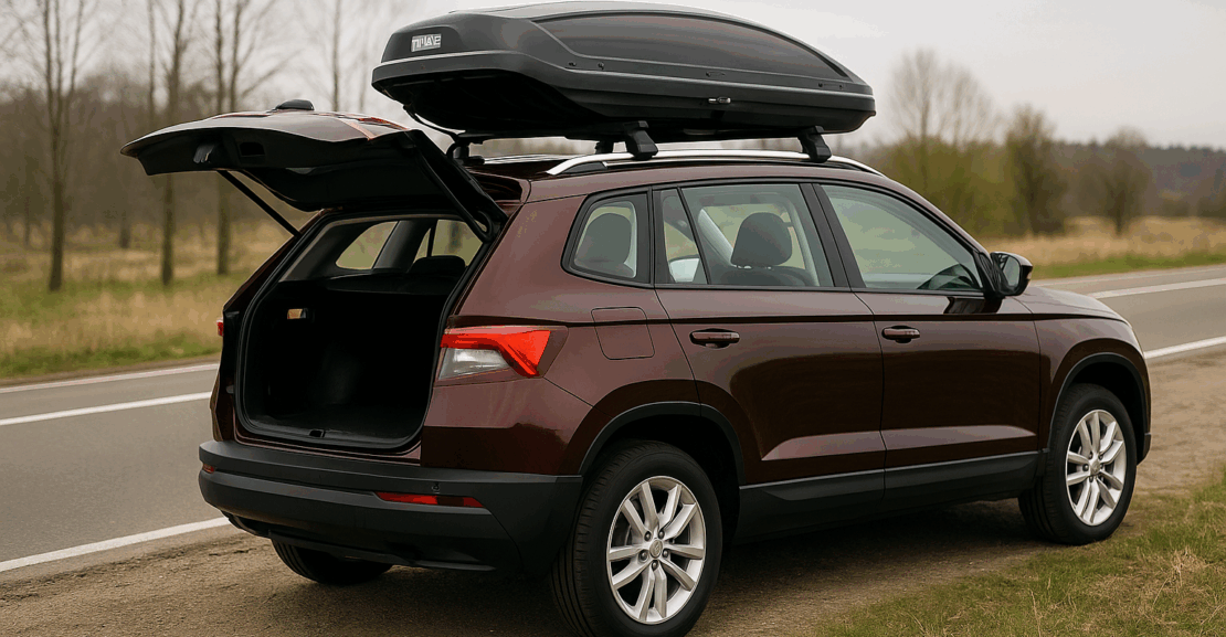 Porodica ubacuje torbe u otvoreni krovni kofer na automobilu parkiranom pored puta