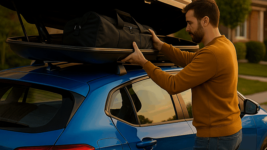 Muškarac pakuje torbe u otvoreni krovni kofer na plavom automobilu