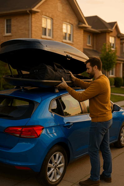 Muškarac pakuje torbe u otvoreni krovni kofer na plavom automobilu