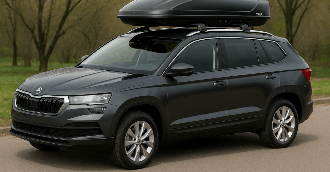 SUV sa Thule krovnim koferom iznajmljenim u Beogradu, spreman za putovanje